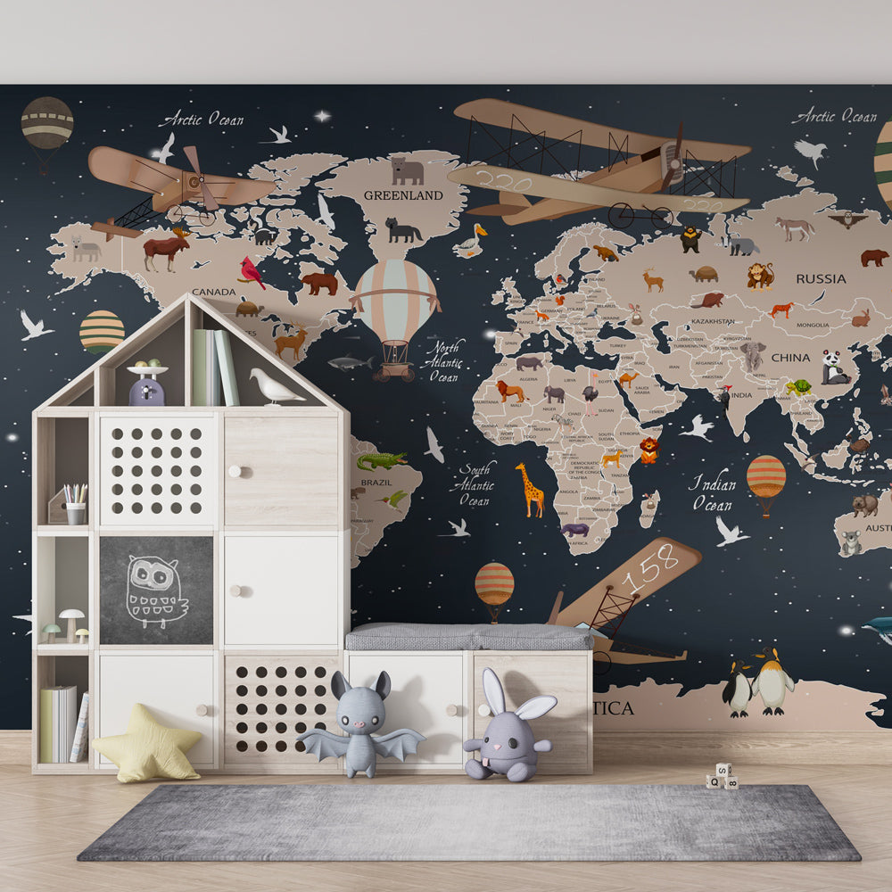 Adventure world map mural wallpaper transforming children's bedroom into exploration zone