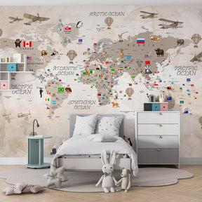 Educational world map wallpaper creating adventurous kids bedroom decor with soft beige tones