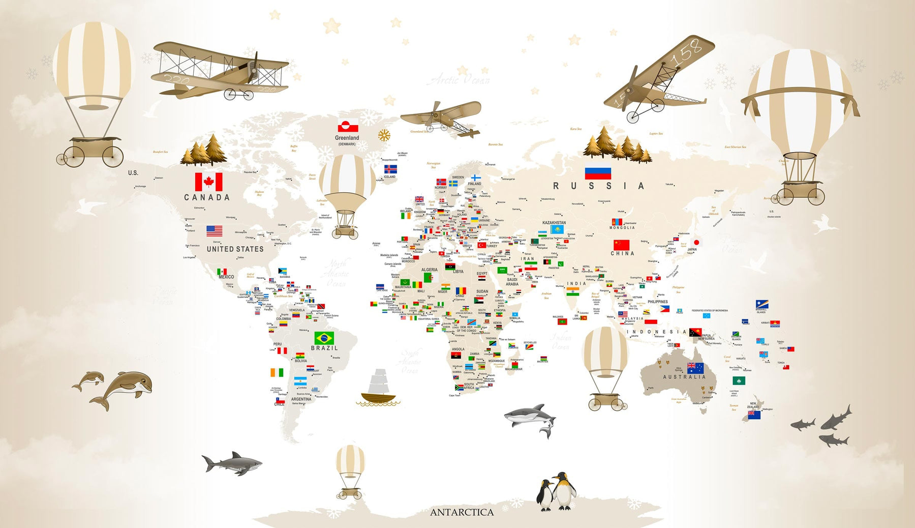 Detailed educational world map mural wallpaper design pattern with flags and vintage aircraft by Kids-Mundo