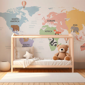 Animal world map wallpaper transforming nursery into learning adventure space