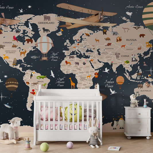 Kids-Mundo starlit world map wall mural behind a bed in a navy kids bedroom