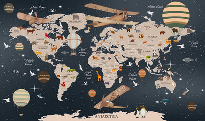 Kids-Mundo flat illustration of a navy night-sky world map with stars, animals, hot air balloons and biplanes