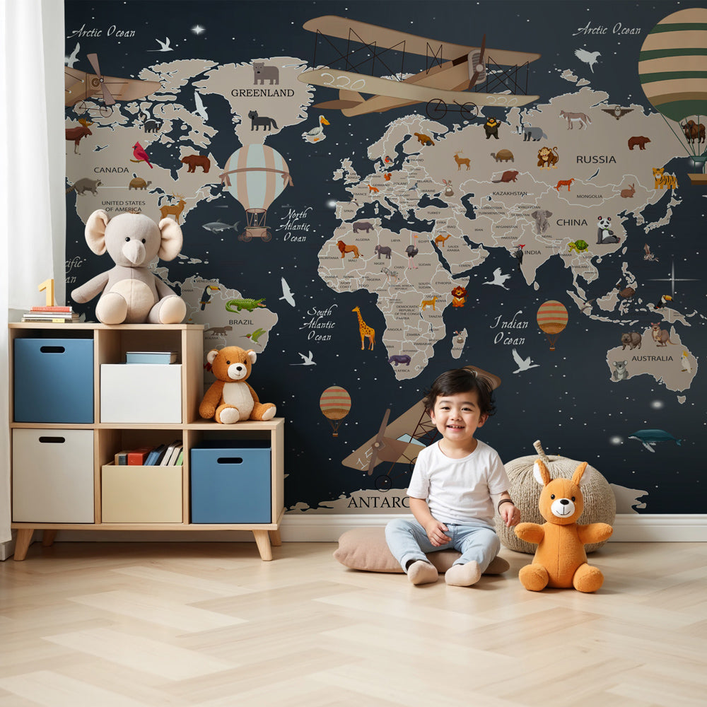 Kids-Mundo night sky world map wall mural with stars styled above a cot in a calm nursery