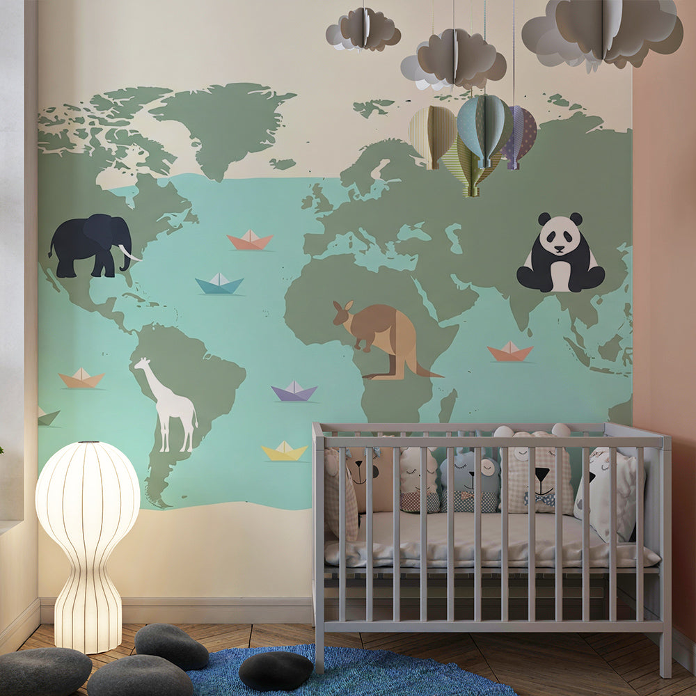 Kids-Mundo world map mural featuring paper boats and giraffe in a kids' bedroom