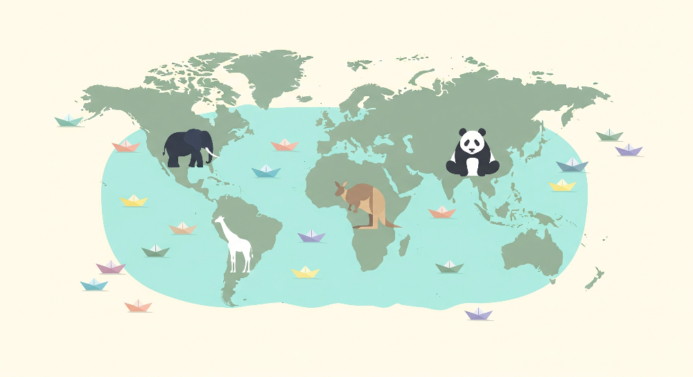 Cream World Map with Animals and Paper Boats Wall Mural