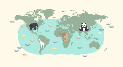 Kids-Mundo flat artwork of a world map mural with elephant, panda and giraffe