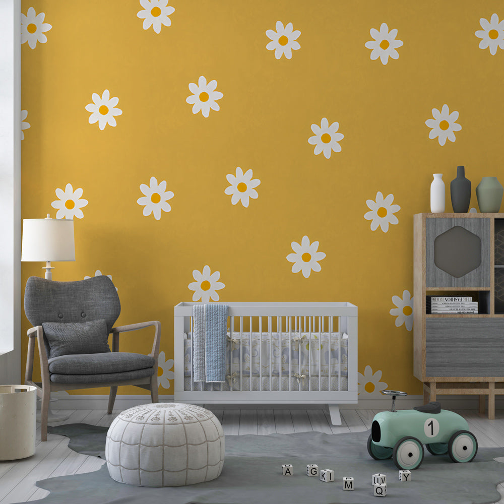 Sunny yellow daisy mural wallpaper transforming kids playroom with natural charm