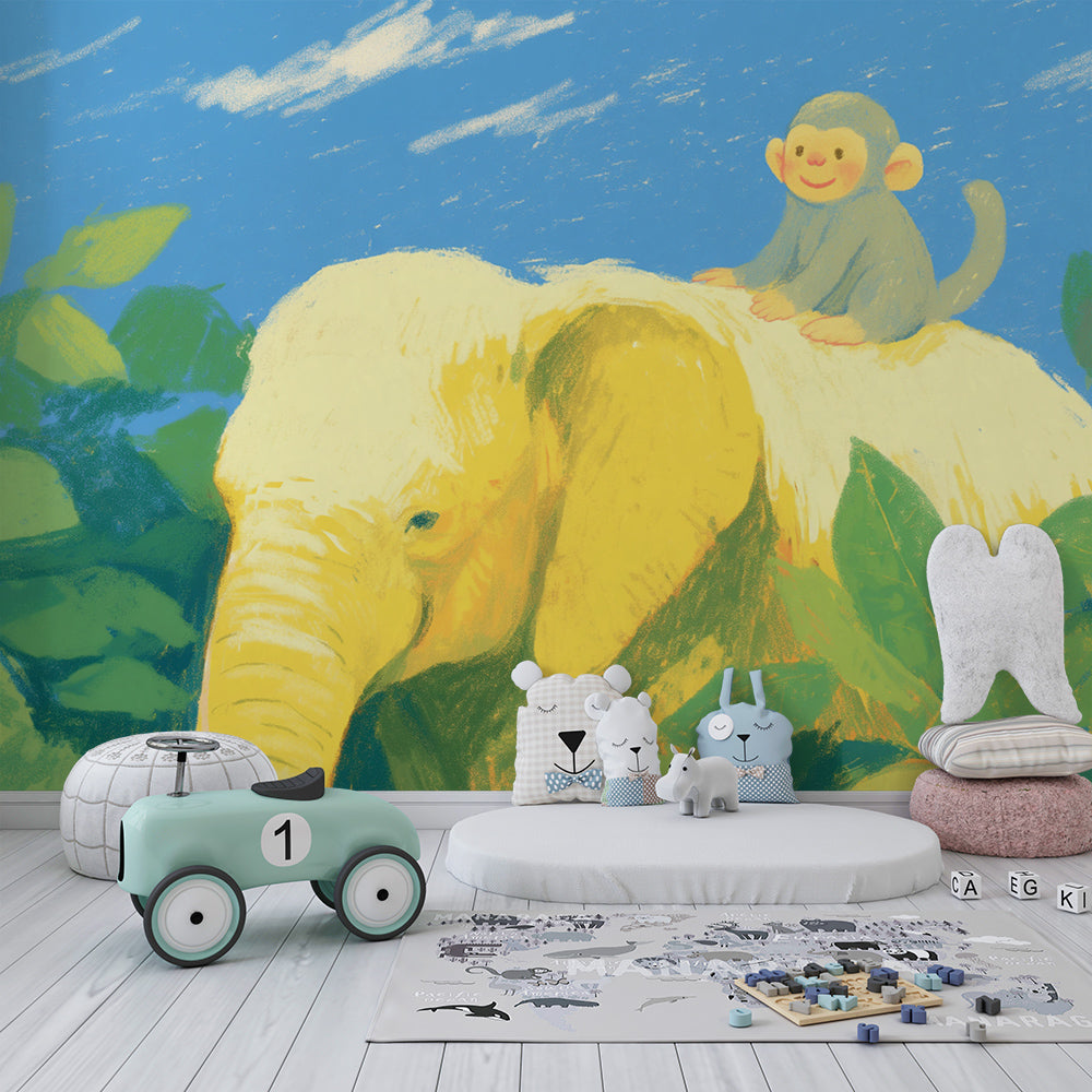 Kids-Mundo elephant and monkey jungle mural styled in a child's bedroom