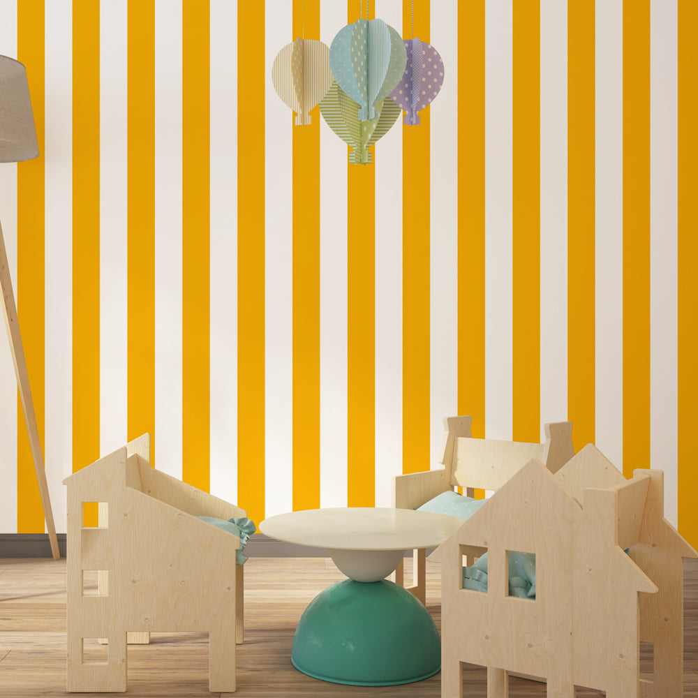 Vibrant yellow stripe wallpaper transforming modern kids bedroom with natural wood furniture
