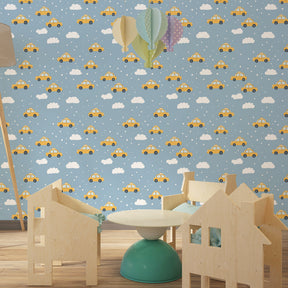 Blue and yellow taxi wallpaper transforming children's playroom into city adventure space