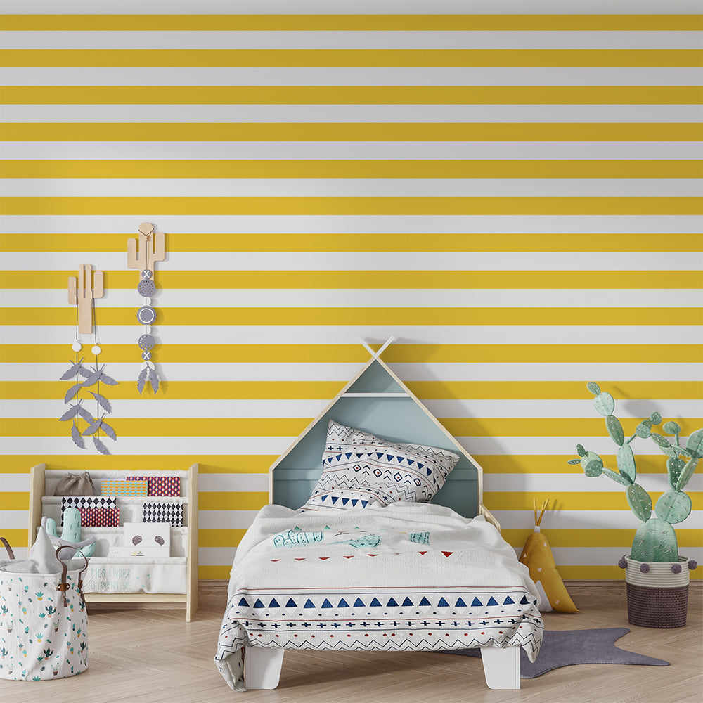 Kids-Mundo yellow stripe wall mural covering a feature wall in a bright kids bedroom