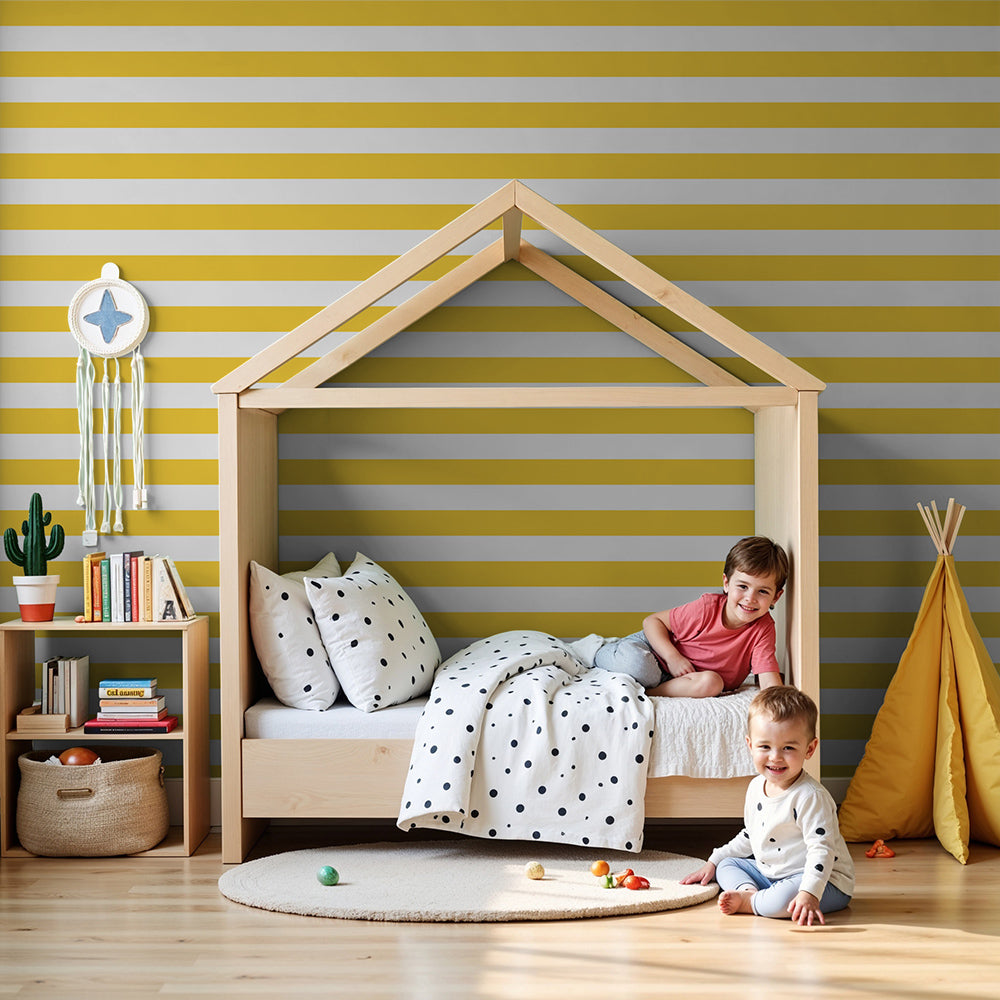 Kids-Mundo yellow and white stripe wall mural styled behind a cot in a sunny nursery