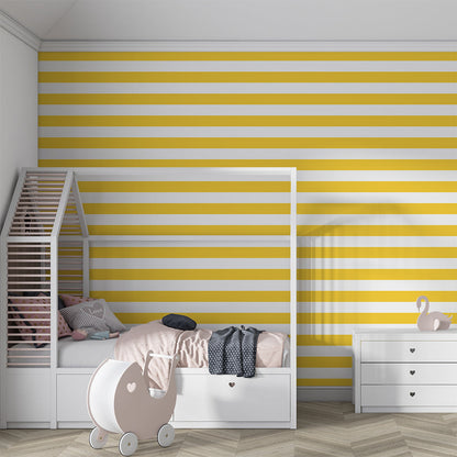Kids-Mundo yellow and white stripe wall mural brightening a cheerful children's playroom