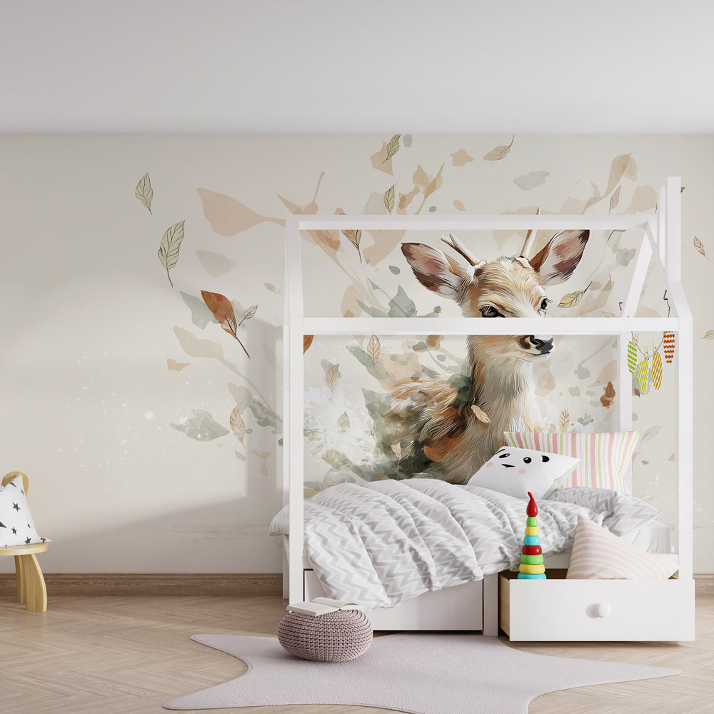 Autumn deer wallpaper transforming children's bedroom with natural woodland theme by Kids-Mundo