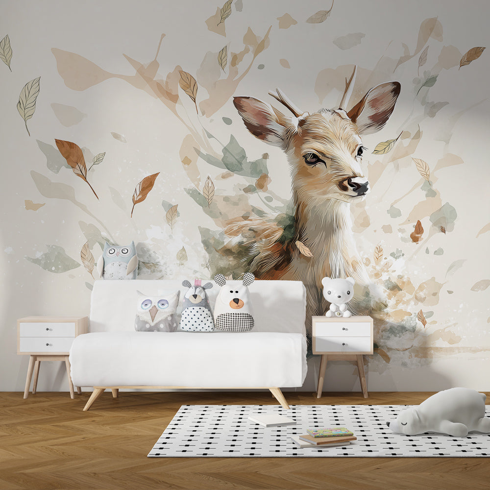 Nature-themed young deer mural wallpaper for cozy kids room with soft beige tones by Kids-Mundo