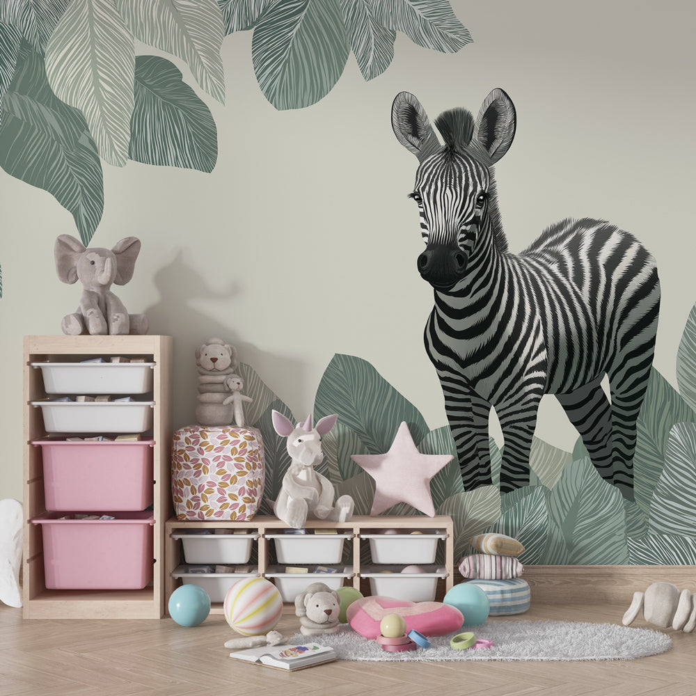 Children's zebra mural wallpaper with green leaves creating playful safari atmosphere