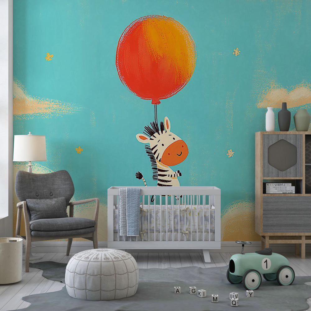 Zebra with balloon wallpaper creating dreamy atmosphere in toddler bedroom decor