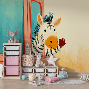 Colorful zebra car wallpaper transforming playroom into adventure space for kids
