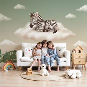 Zebra cloud mural wallpaper in serene baby nursery with tropical jungle theme by Kids-Mundo
