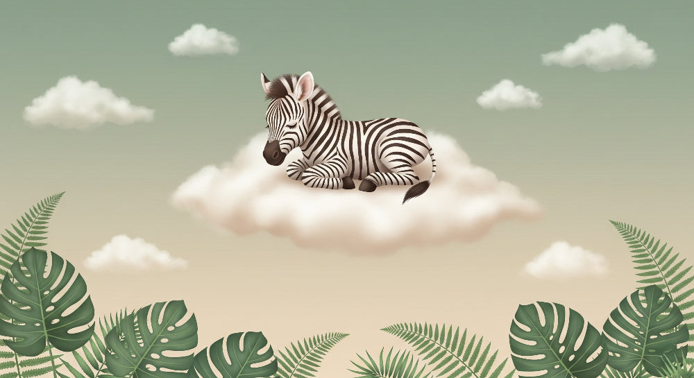 Detailed zebra cloud mural wallpaper design pattern with tropical jungle elements by Kids-Mundo