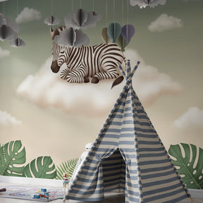Tropical zebra wallpaper creating dreamy atmosphere in modern toddler bedroom decor