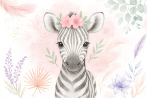 Detailed zebra floral crown mural wallpaper design pattern in soft pastels by Kids-Mundo