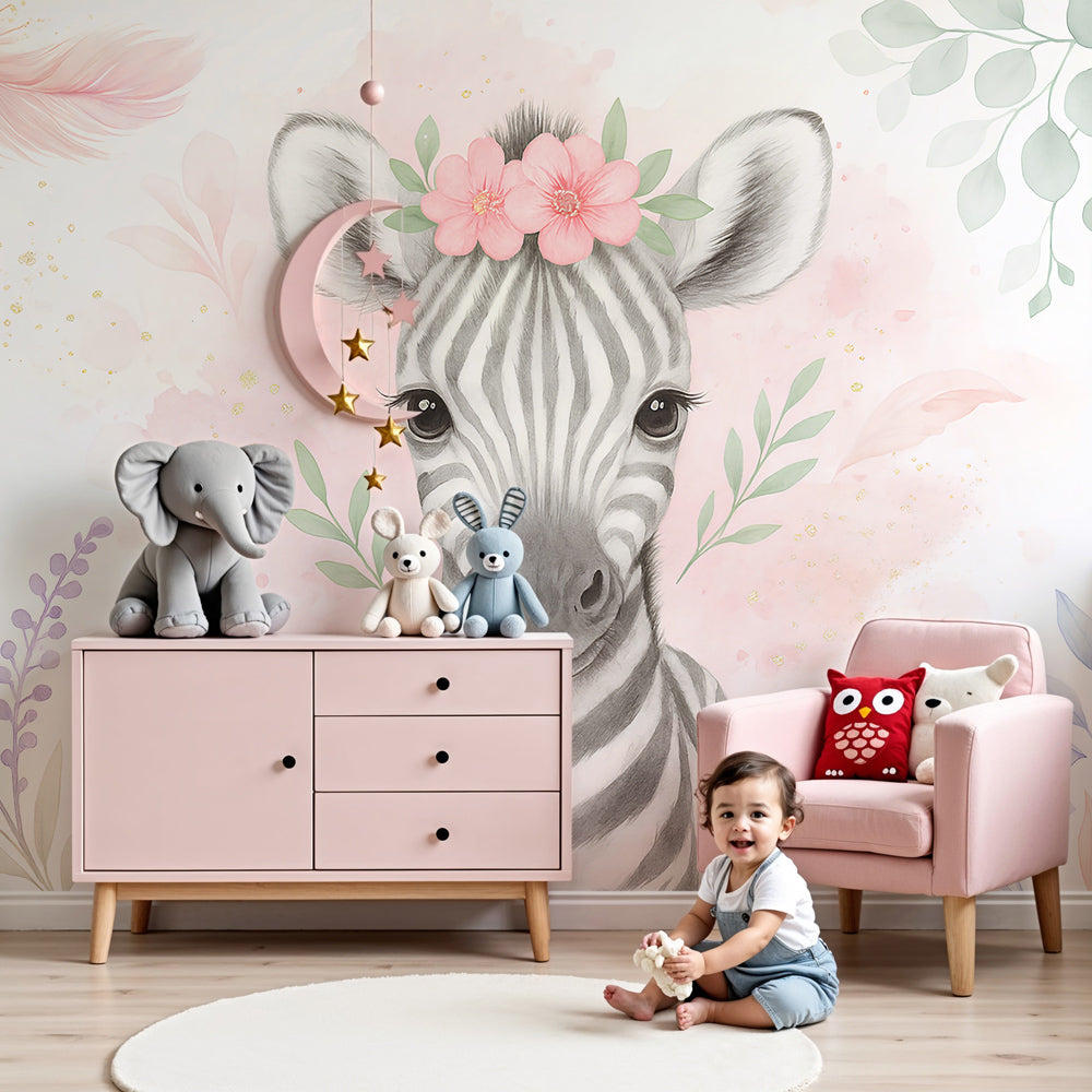 Zebra floral mural wallpaper in modern nursery with pastel crown design by Kids-Mundo