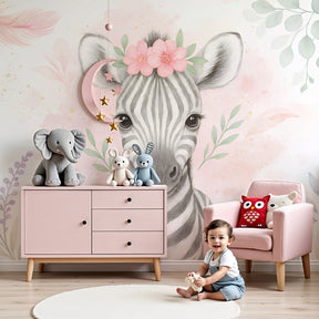 Zebra floral mural wallpaper in modern nursery with pastel crown design by Kids-Mundo