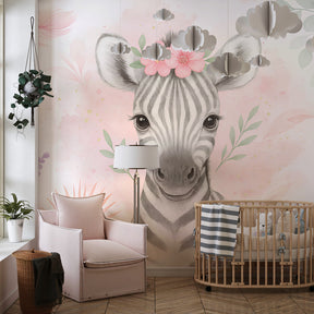 Animal themed zebra mural wallpaper in cozy toddler room with light wood furniture