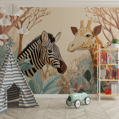 Kids-Mundo artistic zebra and giraffe mural featured in a kids bedroom