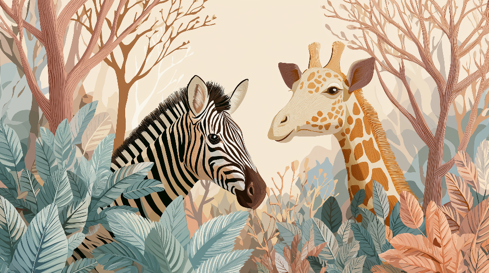 Kids-Mundo flat artwork preview of the zebra and giraffe forest wall mural
