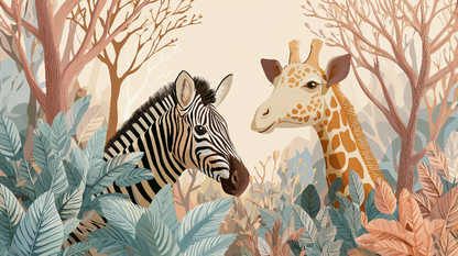Kids-Mundo flat artwork preview of the zebra and giraffe forest wall mural