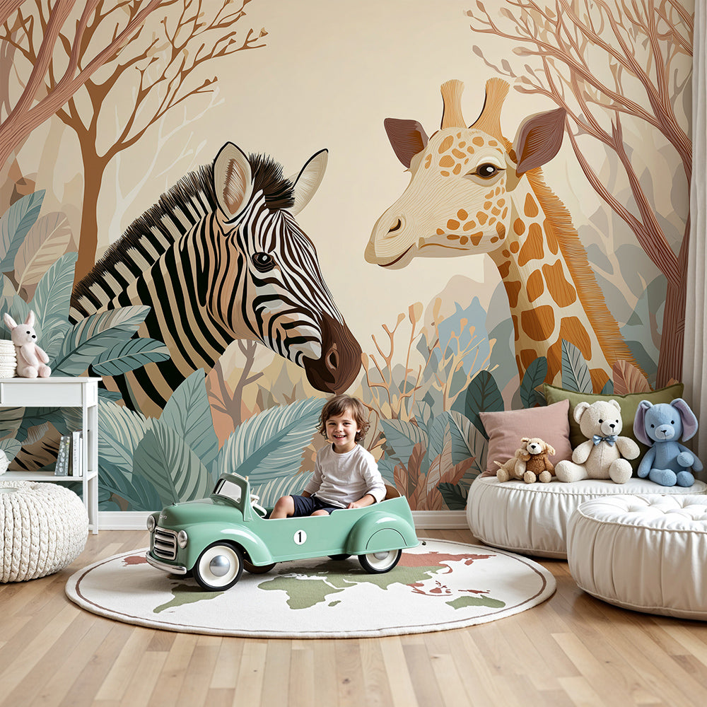 Kids-Mundo zebra and giraffe forest wall mural styled in a warm neutral nursery