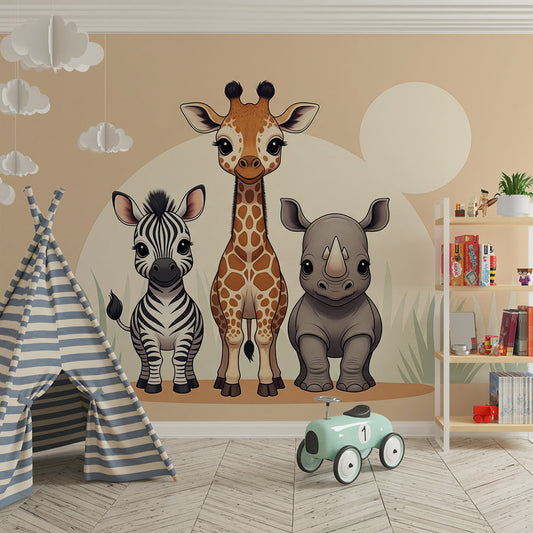 Kids-Mundo zebra, giraffe and rhino wall mural in a bright kids bedroom