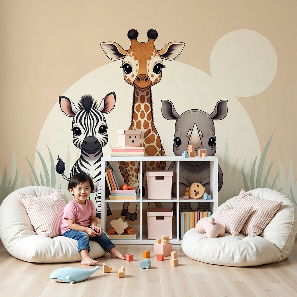 Kids-Mundo zebra and giraffe safari wall mural styled in a calm beige nursery