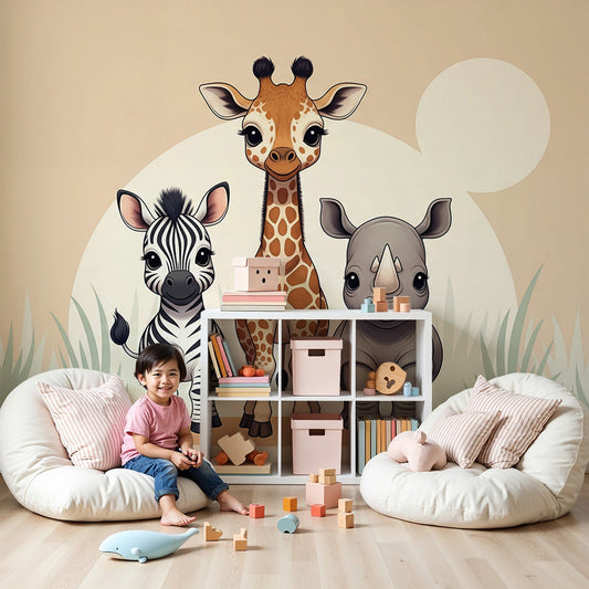Kids-Mundo zebra and giraffe safari wall mural styled in a calm beige nursery