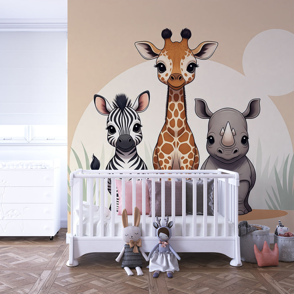 Kids-Mundo gentle safari trio wall mural brightening a cosy kids playroom