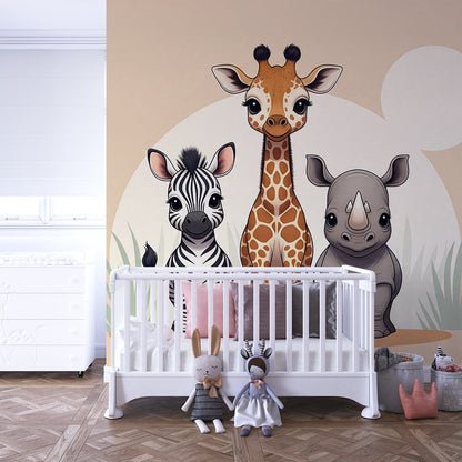 Kids-Mundo gentle safari trio wall mural brightening a cosy kids playroom
