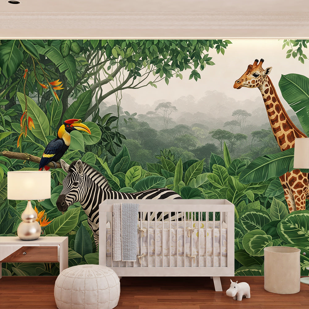 Kids-Mundo jungle wall mural with zebra, giraffe and toucan behind a child's bed