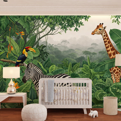 Kids-Mundo jungle wall mural with zebra, giraffe and toucan behind a child's bed