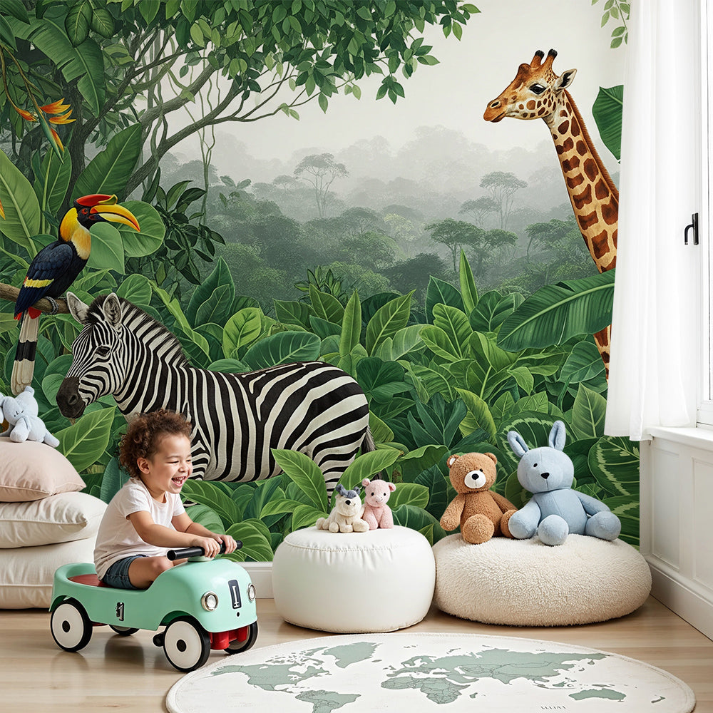 Kids-Mundo zebra and giraffe jungle wall mural behind a cot in a lush green nursery