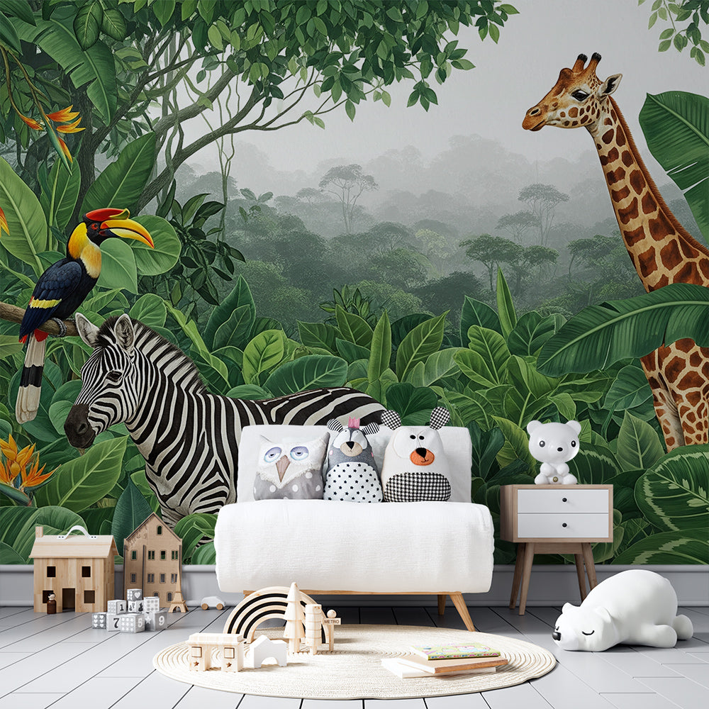 Kids-Mundo zebra, giraffe and toucan mural covering a playroom wall with toy bins