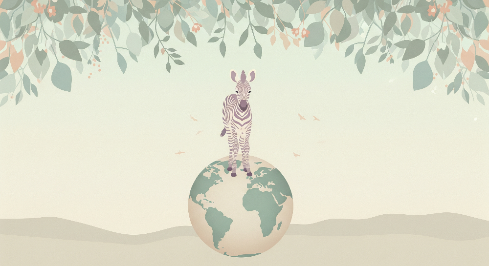 Kids-Mundo flat artwork of a little zebra standing atop a softly coloured globe