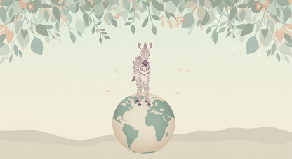 Kids-Mundo flat artwork of a little zebra standing atop a softly coloured globe