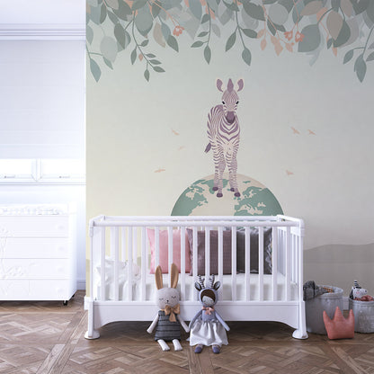Kids-Mundo zebra and globe wallpaper brightening a children's playroom corner