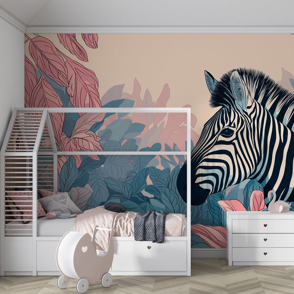 Safari zebra wallpaper creating peaceful kids bedroom atmosphere with tropical foliage design