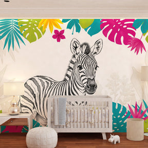 Tropical zebra wallpaper transforming kids bedroom into colorful jungle adventure space