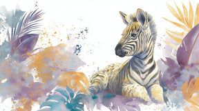 Detailed zebra jungle mural wallpaper design pattern with tropical foliage by Kids-Mundo