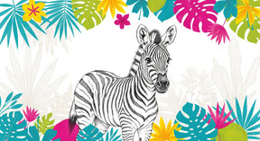 Detailed zebra jungle mural wallpaper design pattern with tropical foliage by Kids-Mundo