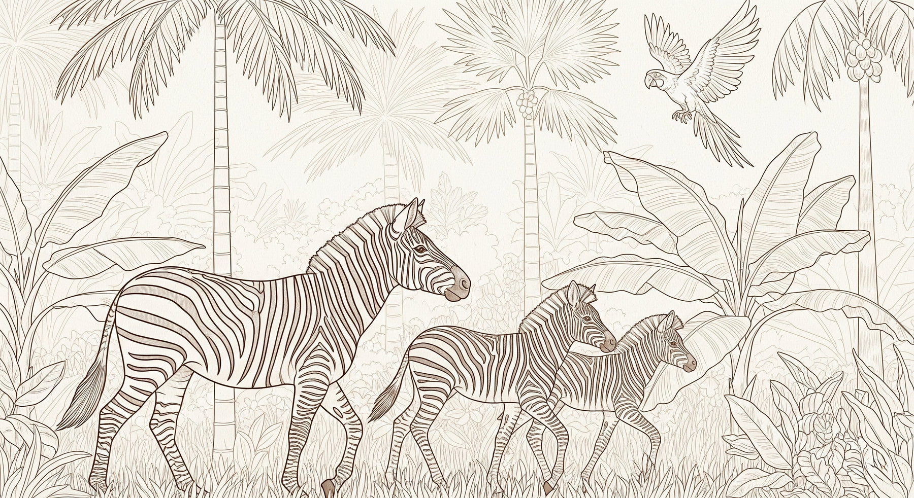 Detailed zebra safari mural wallpaper design pattern with tropical plants on beige background by Kids-Mundo